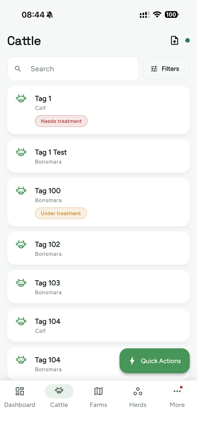 OptiFarm cattle list on a phone