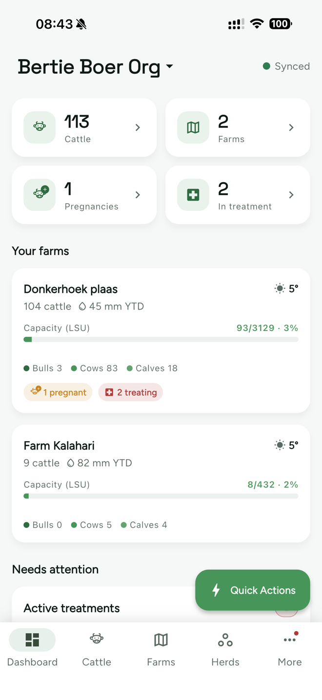 OptiFarm dashboard on a phone